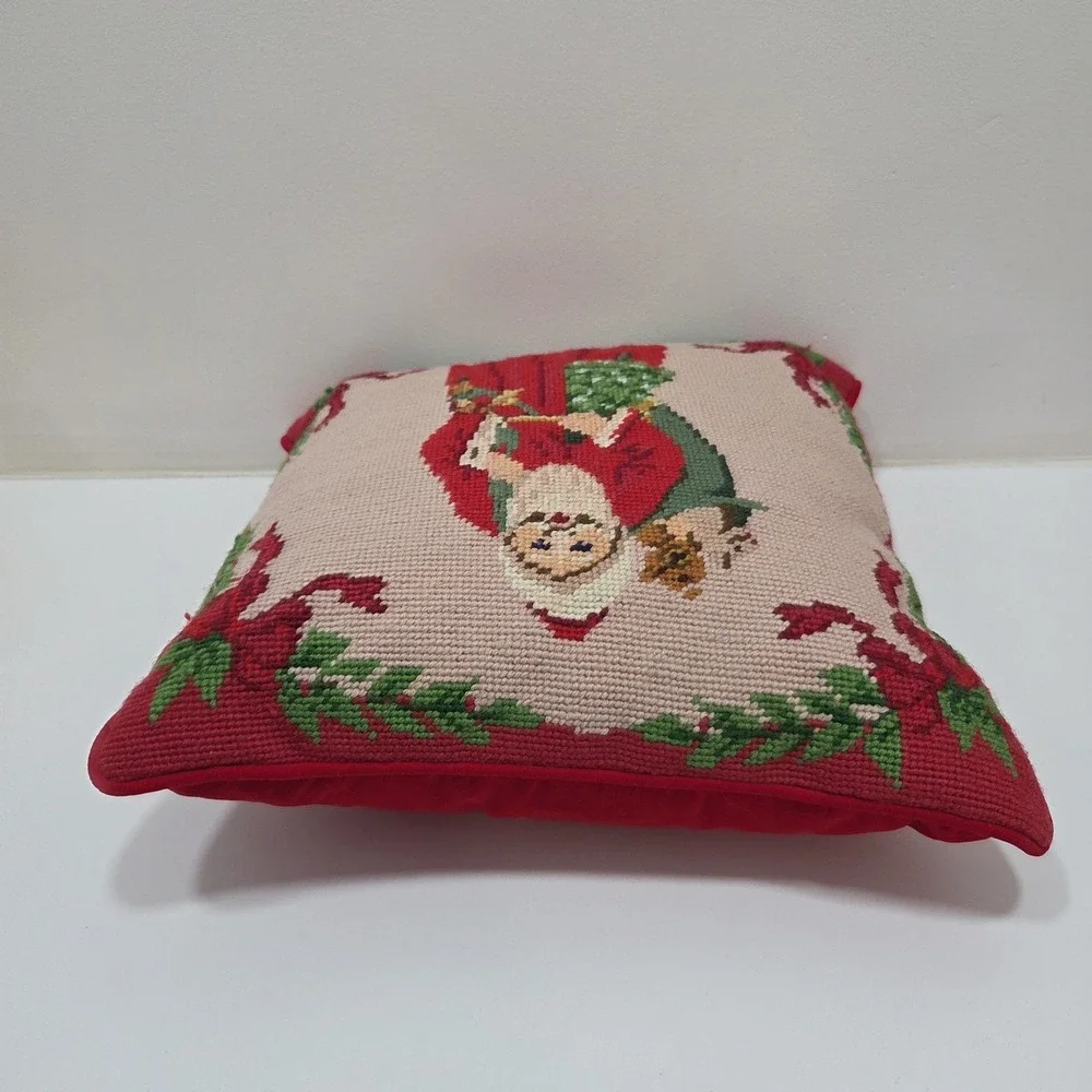 Vintage Needle Point Pillow Cover, Pillow, Santa, Red, Zip Back